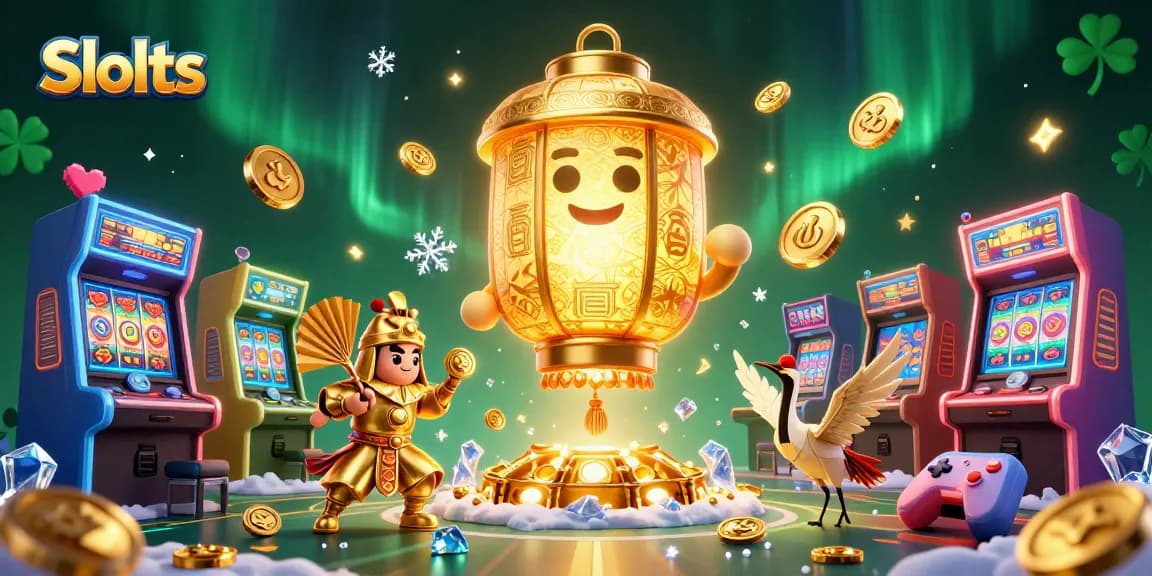Spin winning Slots in an enchanting casino scene filled with golden lantern spirits and vibrant game elements.