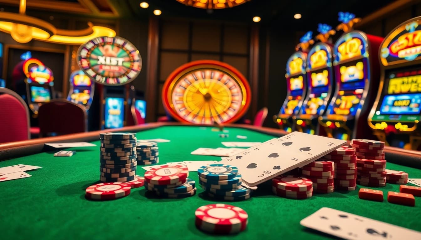 Win big at XX88 TV with colorful poker chips and cards on a vibrant casino table.