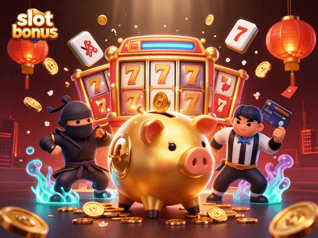 Experience the excitement of slot bonus rewards with dynamic 3D characters and vibrant casino elements.