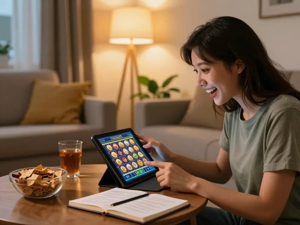 Engaging gameplay of slot online on a tablet in a cozy living room atmosphere.