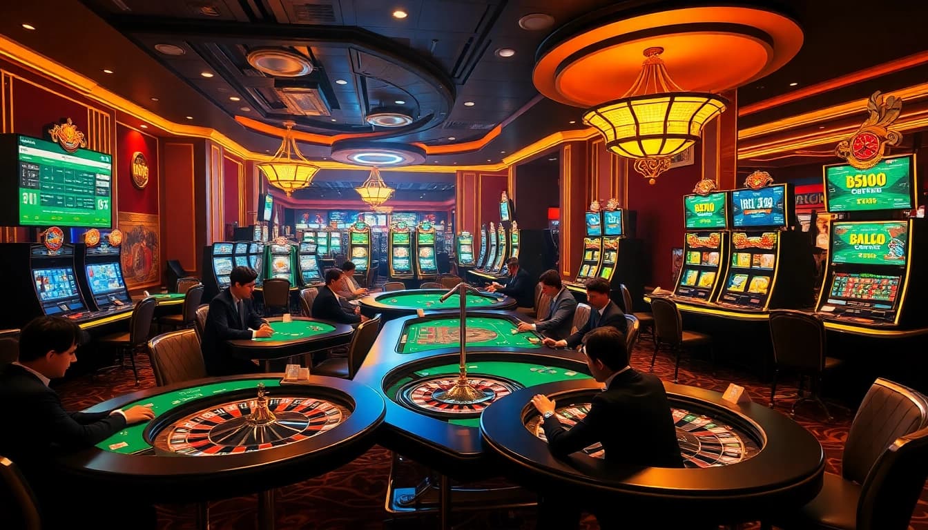Exciting gaming scene at a casino featuring gambling elements and online betting interfaces at https://mm888.media/.