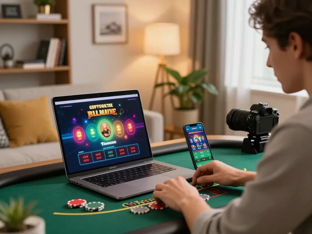 Engaging moment of a home player enjoying HM88 live dealer blackjack on laptop, with vibrant graphics