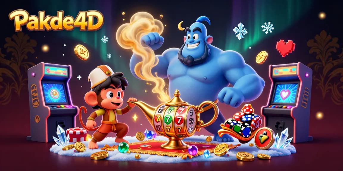 Experience thrilling gaming with Pakde4D, featuring a dynamic 3D scene of a genie, poker chips, and arcade elements.
