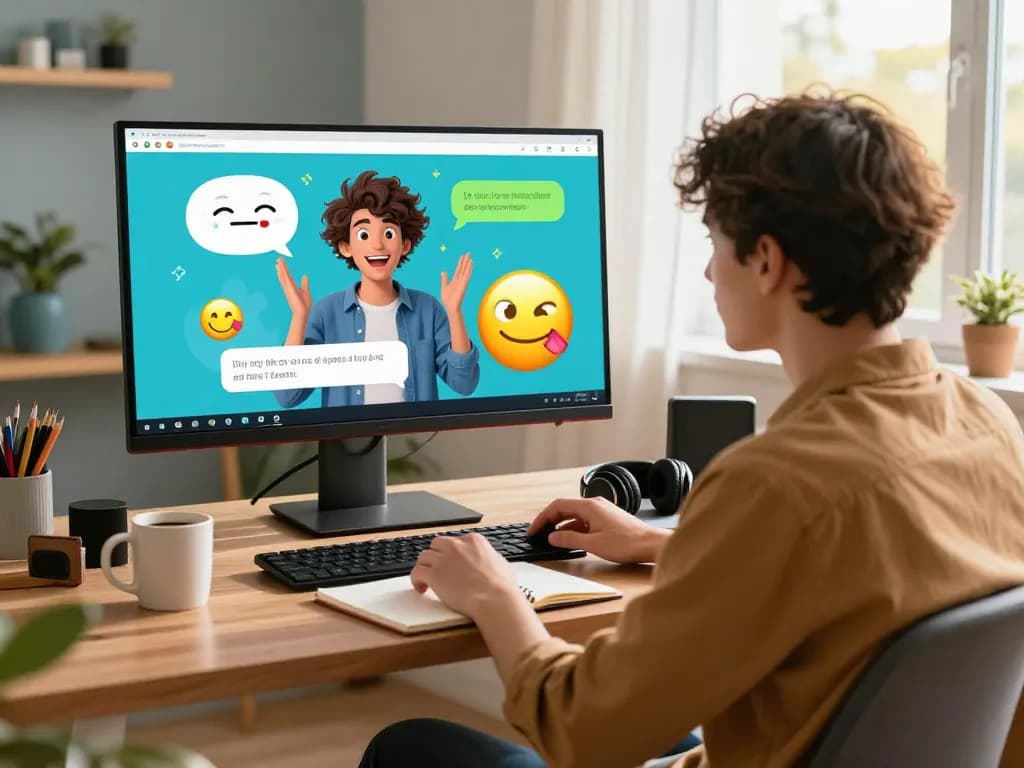 Engaging 18+ ai chat scene with user conversing with vibrant AI character in cozy home office.