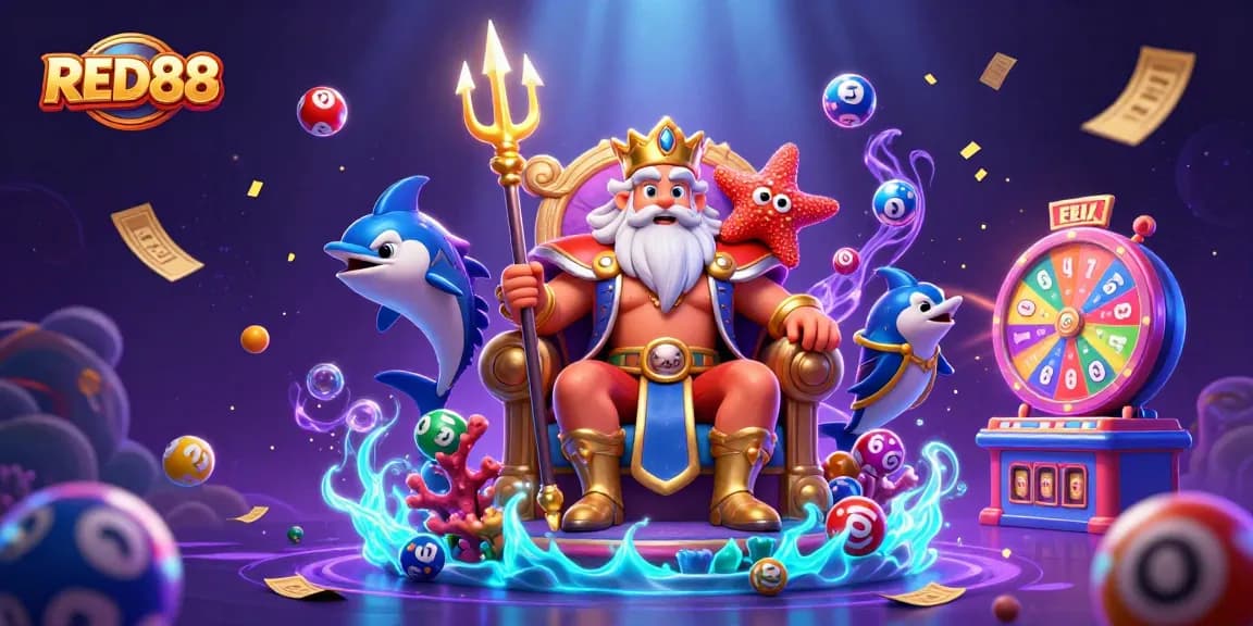Engage with RED88's vibrant casino atmosphere featuring Neptune, samurai, and exciting lottery elements.