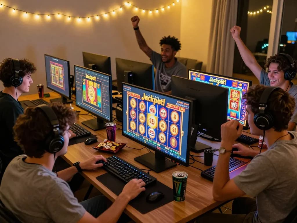Excited players enjoying zeus138 slot games in a vibrant home gaming setup