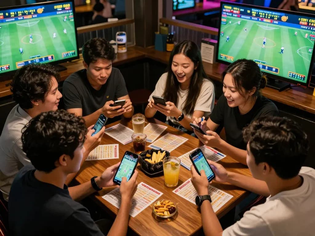 Soi kèo bóng đá hôm nay at a lively sports betting event with friends analyzing odds.