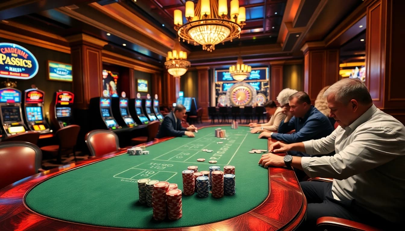 Engaging poker scene at https://cpc188.org with colorful chips and a vibrant casino atmosphere.