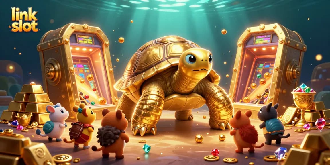 Menangkan jackpot dengan link slot sambil dikelilingi oleh harta karun dan simbol mesin slot.