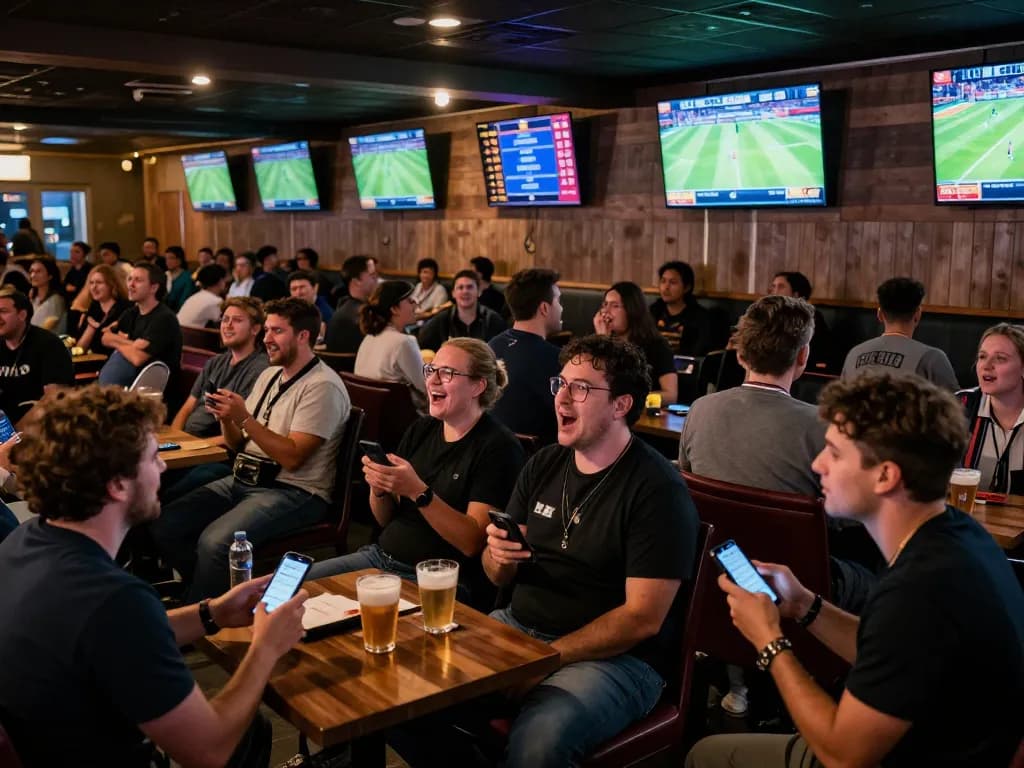 Fans immersed in sports betting, checking kèo nhà cái hôm nay on their phones while enjoying the game.