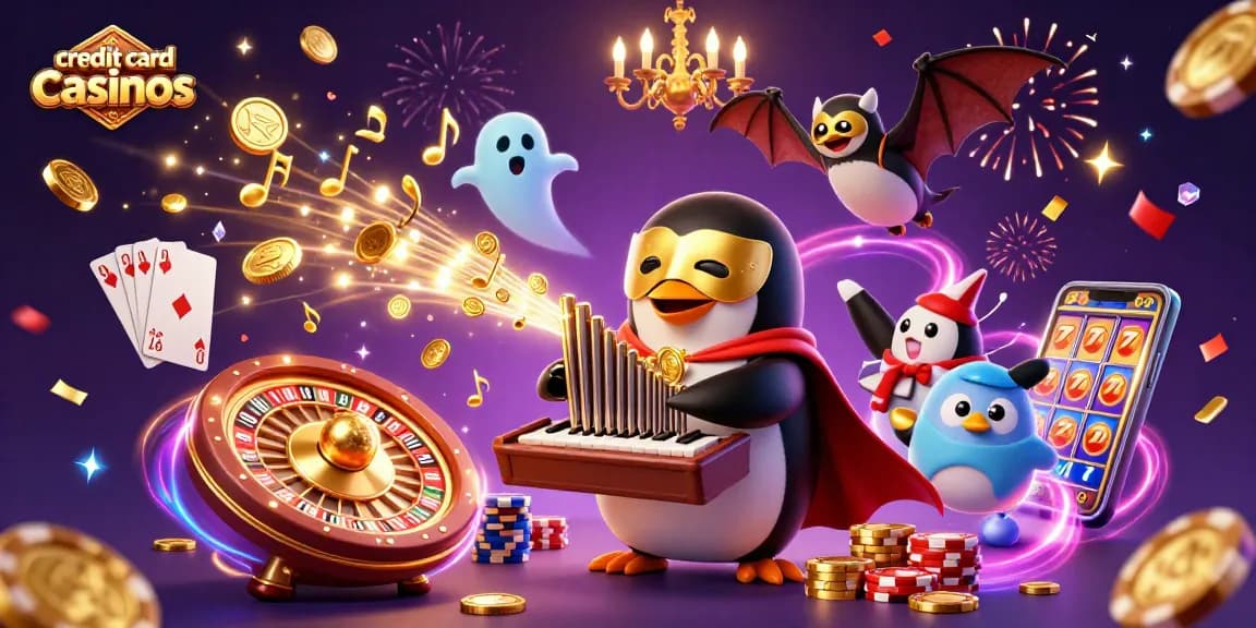 Cascade golden coins at credit card casinos with a dynamic scene featuring a phantom penguin and a bat!