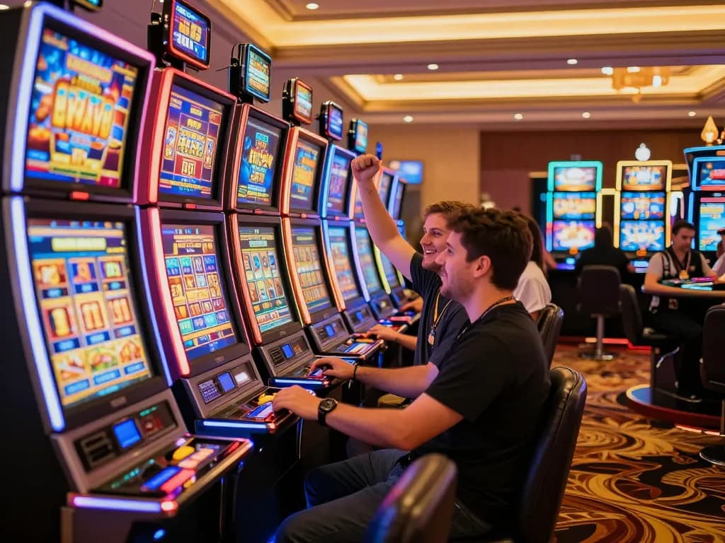 Witness the excitement of slot gacor as players celebrate wins among vibrant machines in a lively casino scene