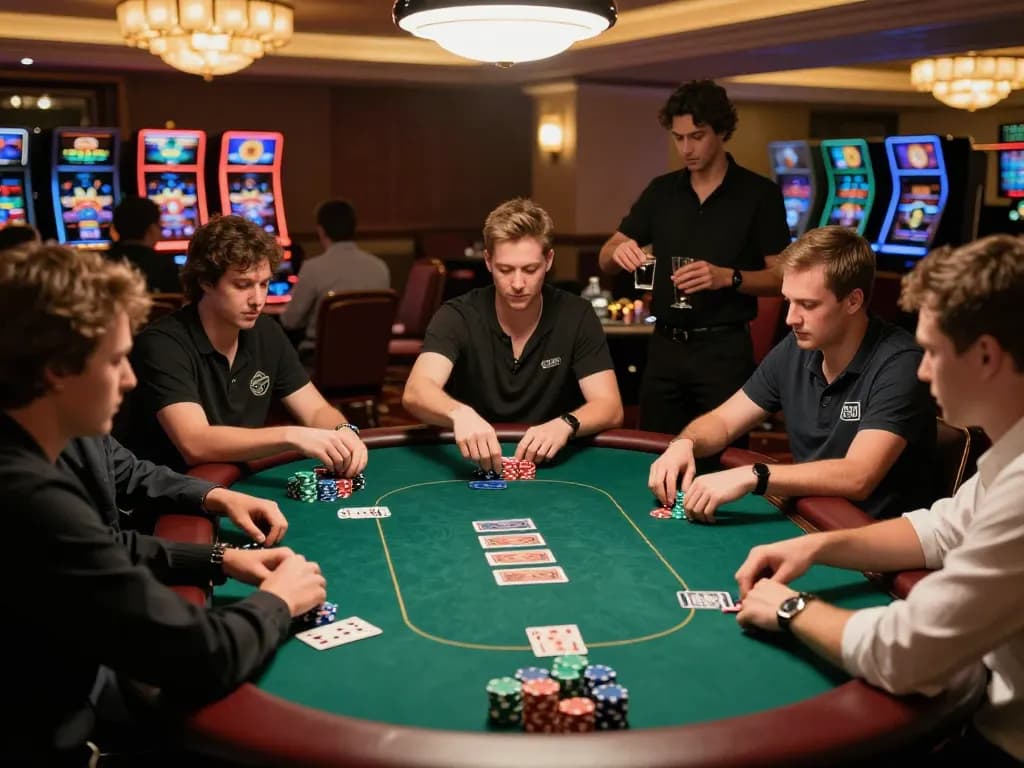 Engaged players competing in a high-stakes poker game, showcasing keonhacai strategies and lively casino atmosphere.