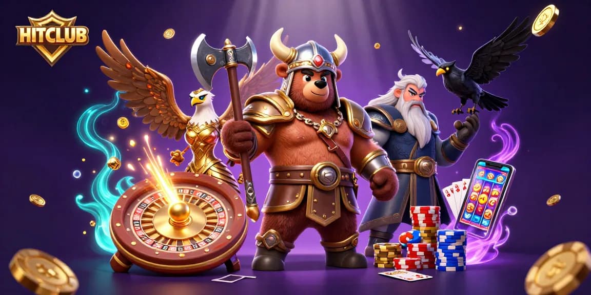 Experience the excitement of HITCLUB casino with a dynamic 3D illustration featuring vivid characters and vibrant gaming elements.