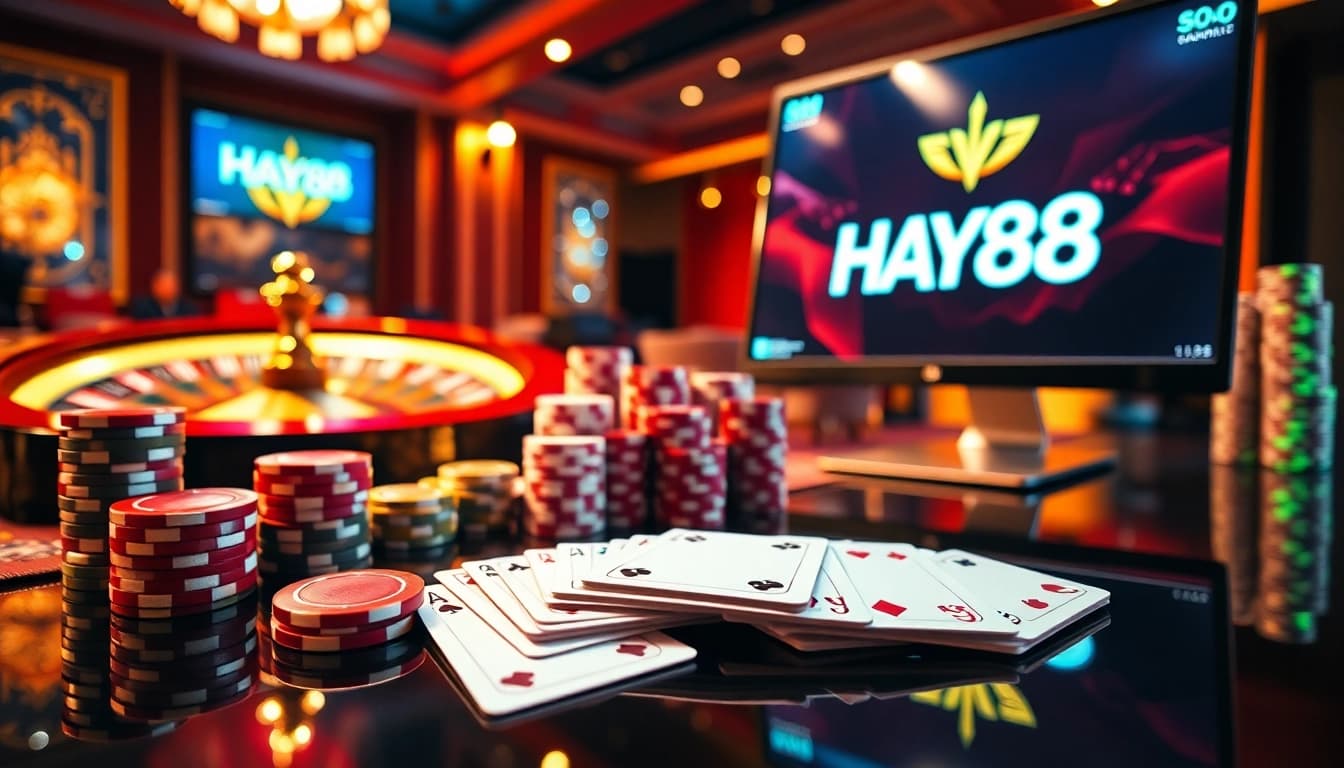 Experience thrilling gaming at HAY88 with vibrant poker chips and spinning roulette.