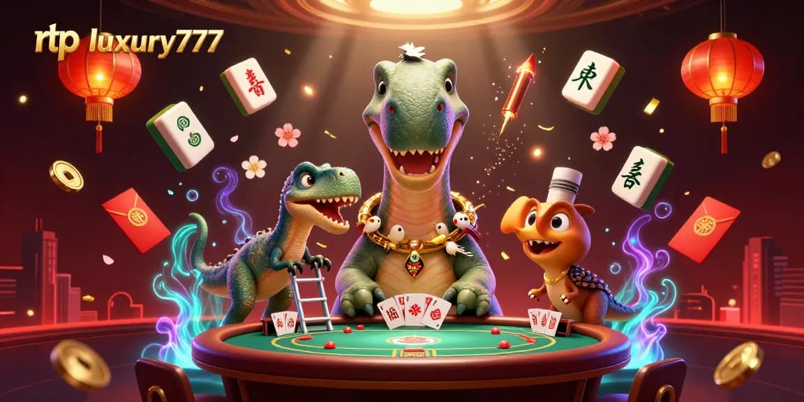 Menggandeng rtp luxury777, ilustrasi kasino menampilkan brontosaurus 3D dan raptor di meja poker.