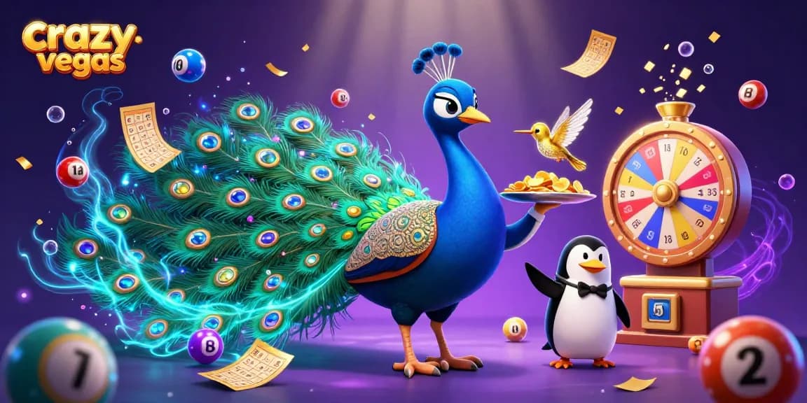 Experience the excitement of crazyvegas with this vibrant 3D casino scene featuring a peacock and penguin.