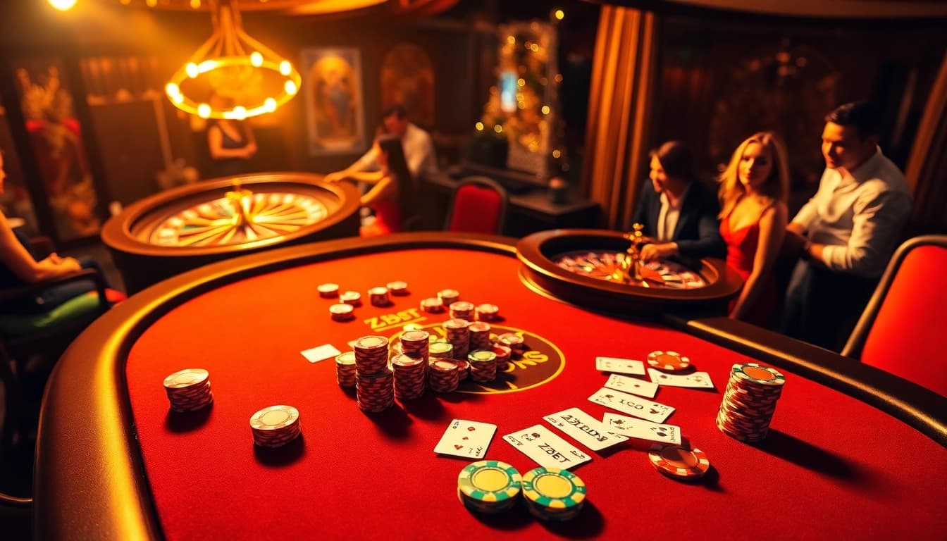 ZBET poker action with vibrant chips and a roulette wheel, showcasing casino excitement.