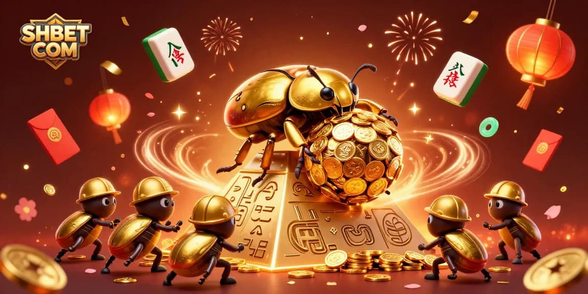Experience the excitement of SHBET COM with this vibrant 3D casino illustration filled with gold coins and festive elements