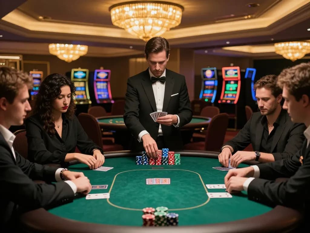 gi8 players strategizing at upscale poker table under ambient casino lights