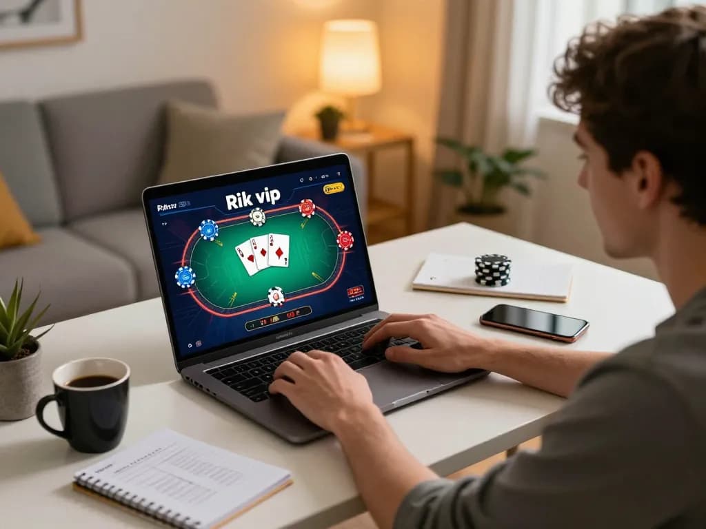 Engaging player enjoying Rik vip online poker game in cozy home setting with strategy notes.