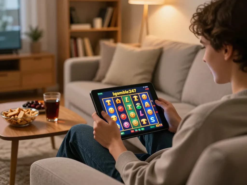 Igamble247 Slot player enjoying an exciting session on a tablet at home, cozy setting and vibrant screen.