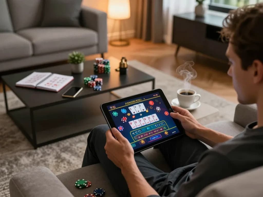 Engaging online gaming experience with god55 on a tablet in a cozy living room, showcasing strategic gambling.