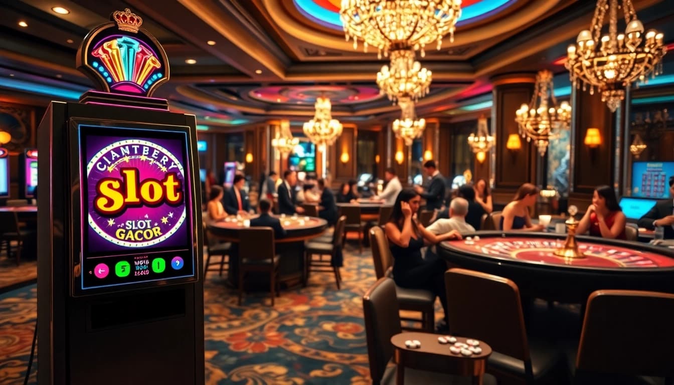 Experience excitement at a slot gacor machine in a luxury casino setting with bustling players.