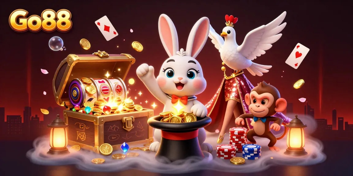 Engage with Go88's magical experience as the magician rabbit reveals golden coins amidst a dynamic casino scene.