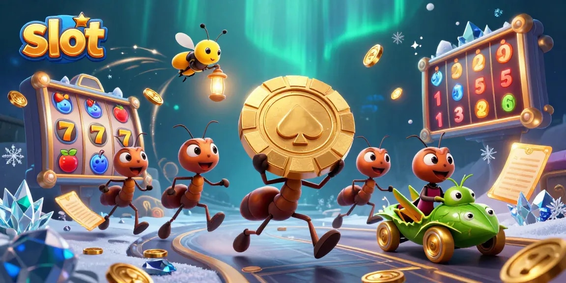 Spin the slot reels with a team of cartoon ants, showcasing fun gaming elements like jackpots and coins.