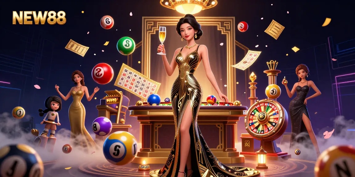 Experience thrilling games with NEW88, featuring vibrant casino elements and an elegant lady in a luxurious setting.