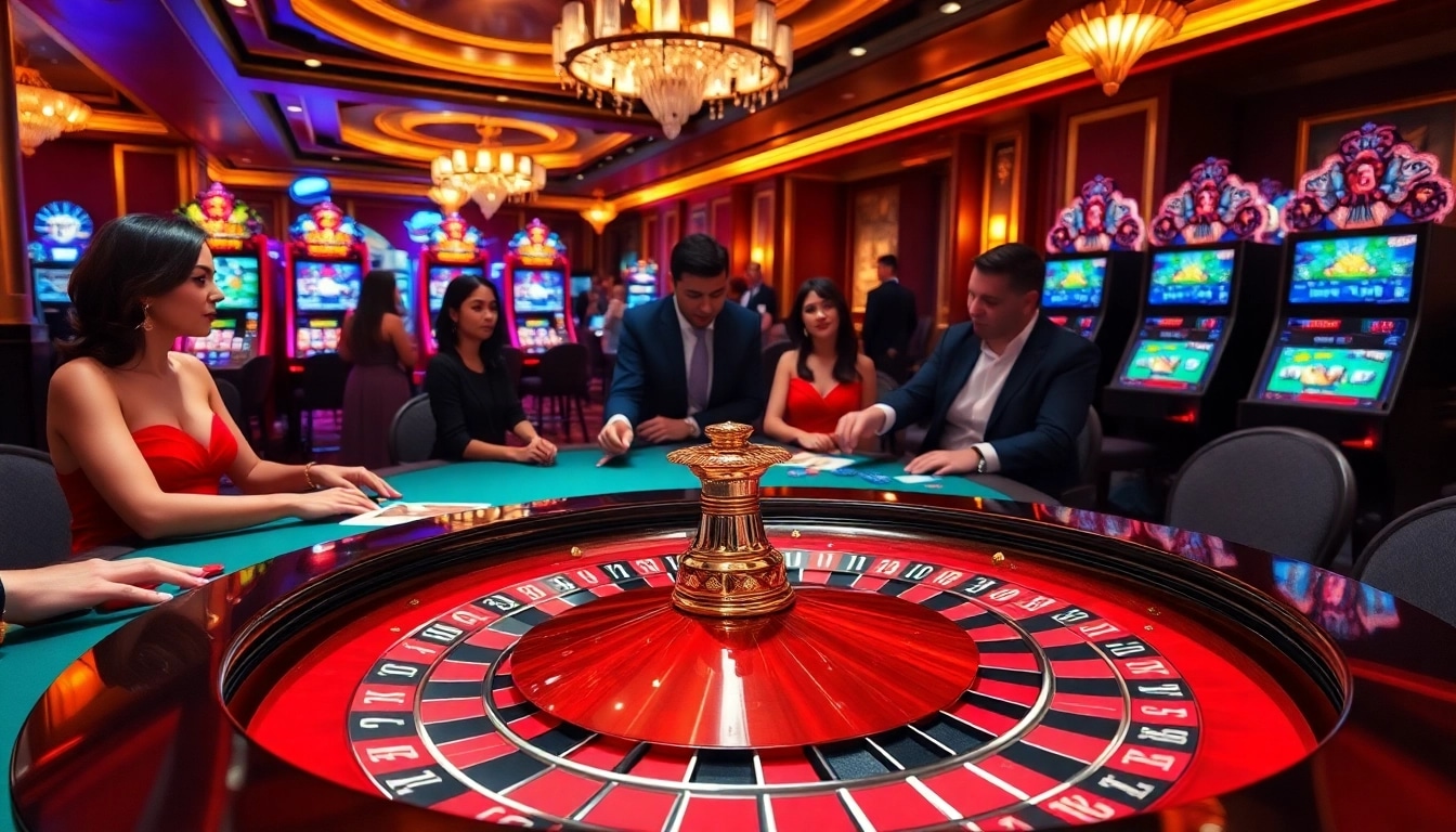 Experience the excitement of gambling at BK8 with a stunning casino scene featuring roulette and poker games.