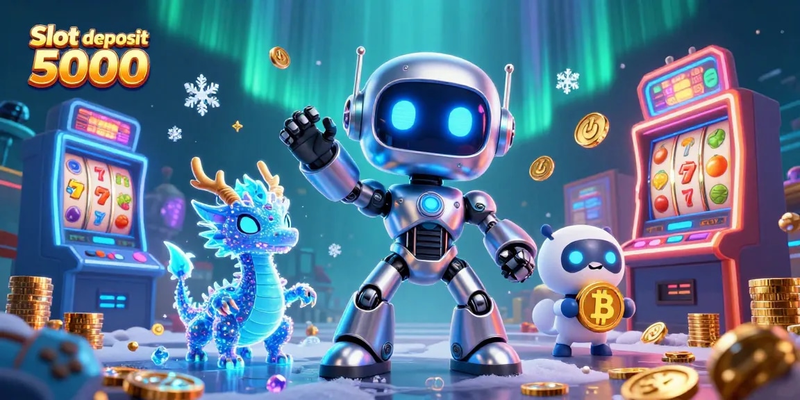 Experience excitement at Slot deposit 5000 with animated slot machines, coins, and digital companions.