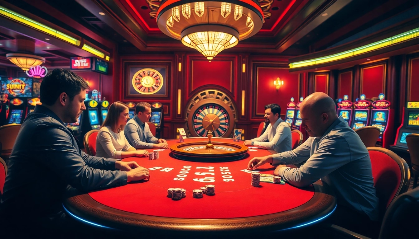 Players enjoying a high-stakes game at Sunwin's luxurious casino table.