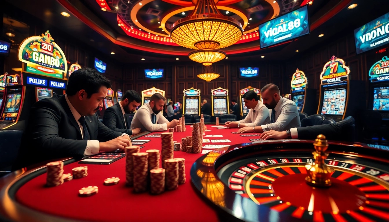 Experiencing high-stakes poker at viral88 casino with vibrant slot machines and professional ambiance.