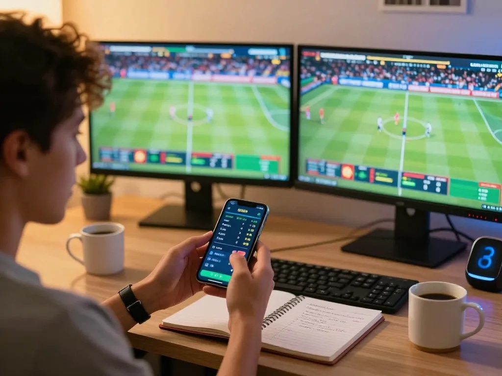 Engaging AF88 user placing live sports bets on smartphone, showcasing modern home betting setup.