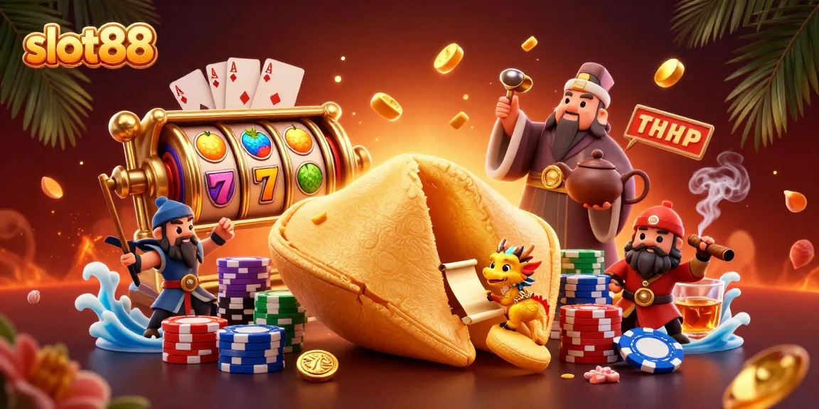 Menang di slot88 dengan ilustrasi kasino yang penuh warna dan simbol keberuntungan.