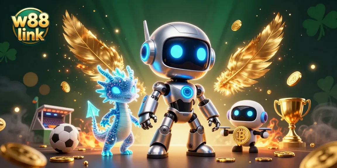 Bet on exciting matches with w88 link showcasing a vibrant 3D illustration of a cyberpunk mascot, dragon, and drone.