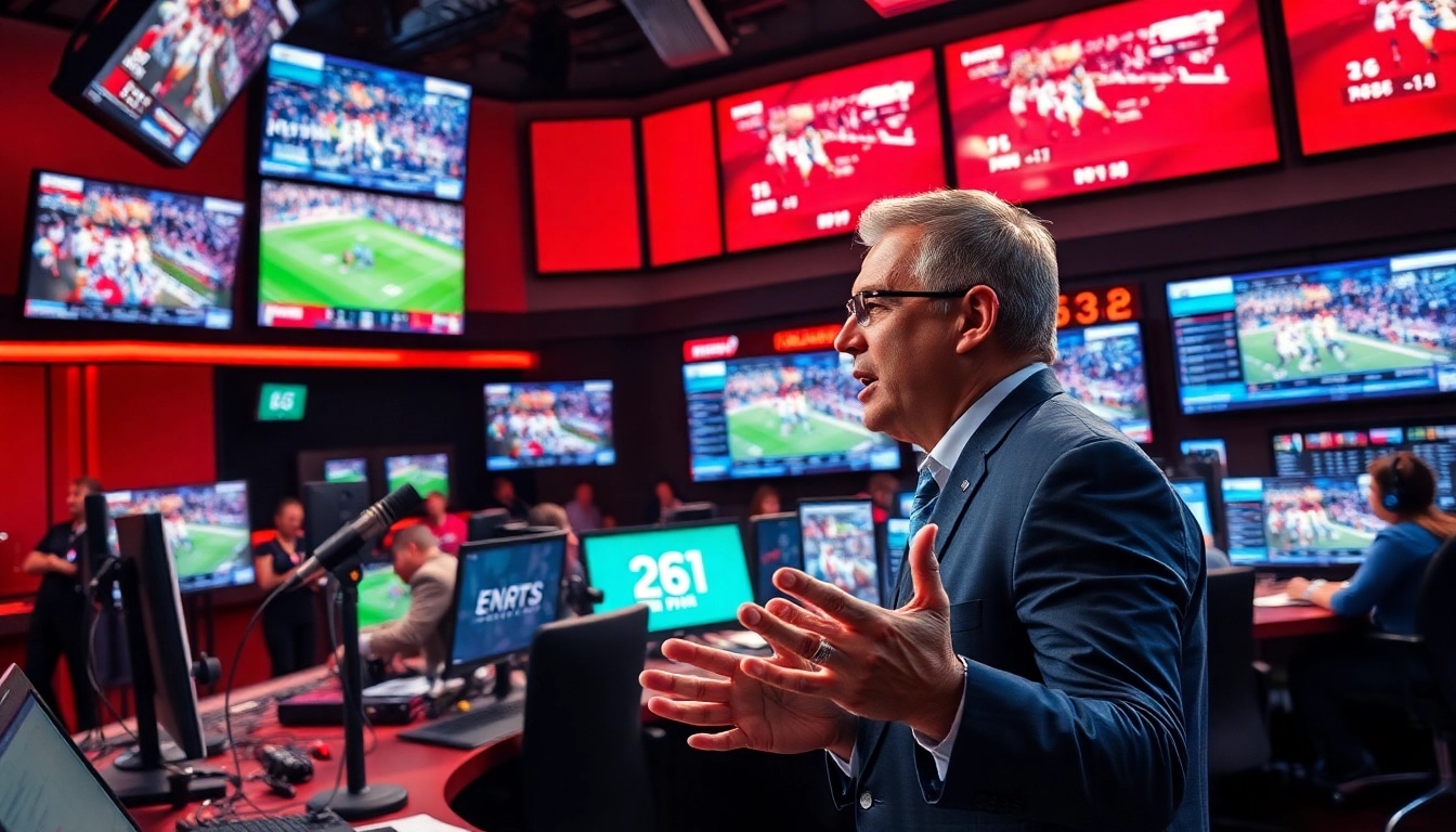 Engaging sports broadcasting scene with an analyst discussing live sports events.