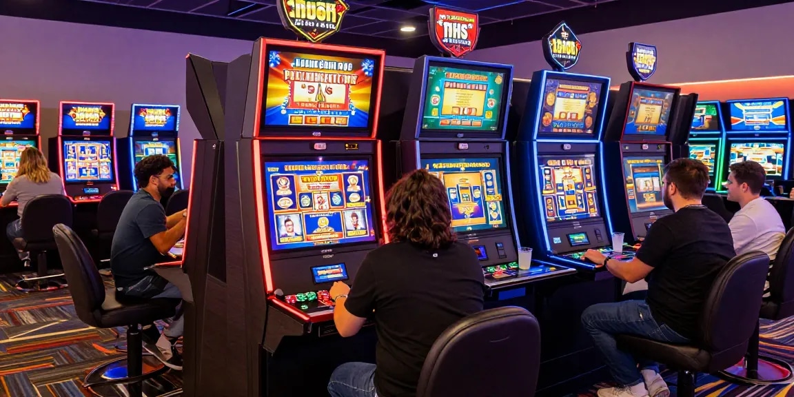 Engaged players at online credit card casinos enjoying vibrant gaming experiences with promotional displays.