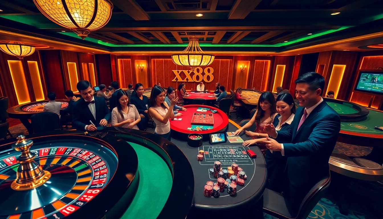 Exciting casino action at xx88 featuring roulette, poker, and enthusiastic players.