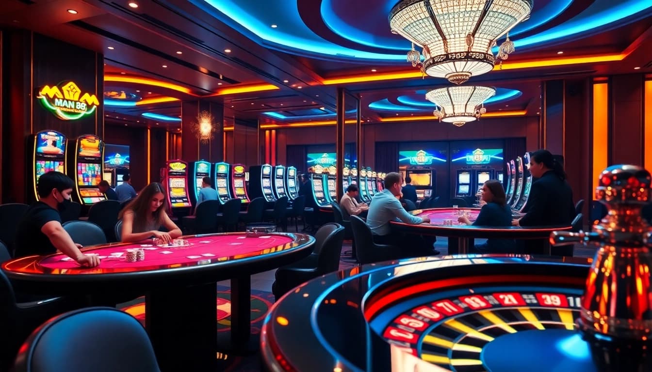 Man 88 players enjoying a thrilling poker game in a luxurious casino setting with vibrant atmosphere.