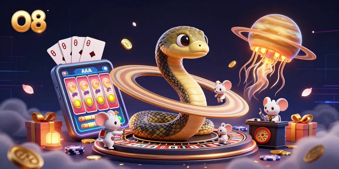 O8 players engage in exciting bets with cosmic dealer in an animated casino adventure.