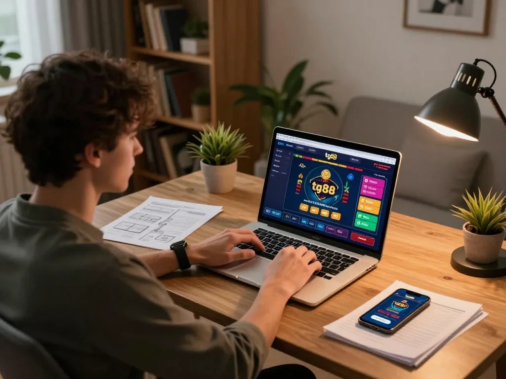 Player engaging with tg88 online casino platform on laptop while strategizing