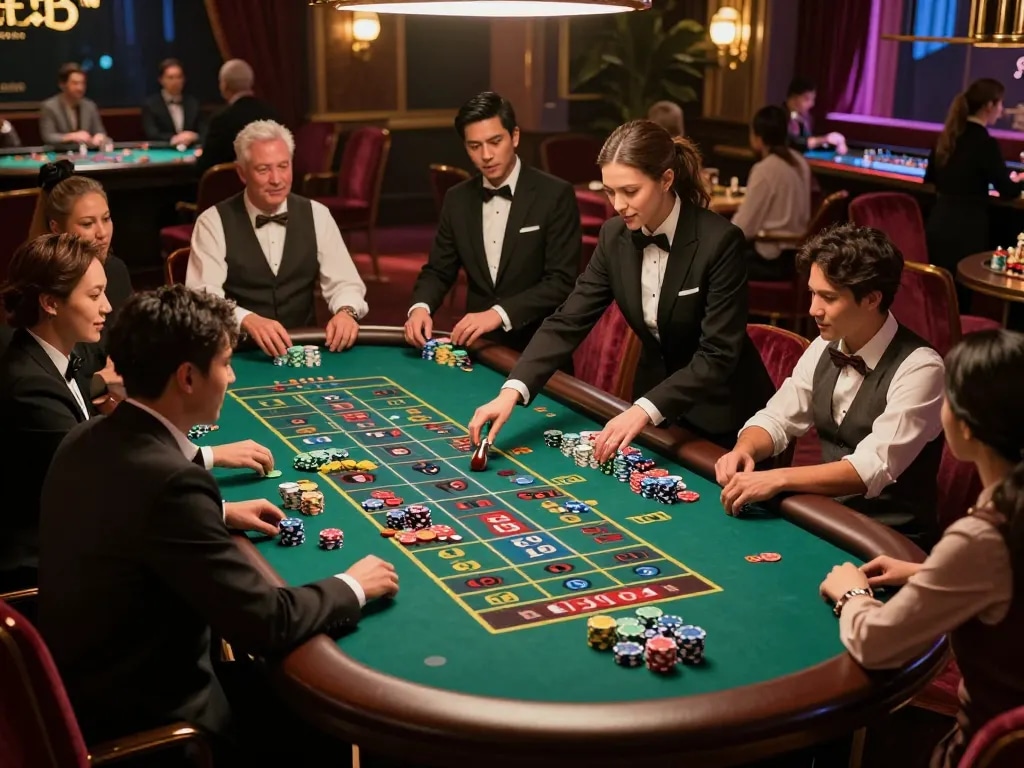 Situs toto meja roulette dengan pemain yang memasang taruhan dan dealer memutar roda dalam suasana kasino yang semarak