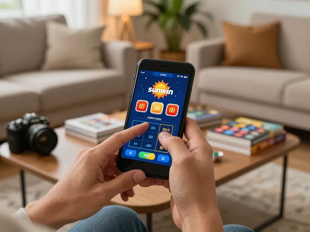 Player engaging with the sunwin app for online betting on a cozy living room sofa.