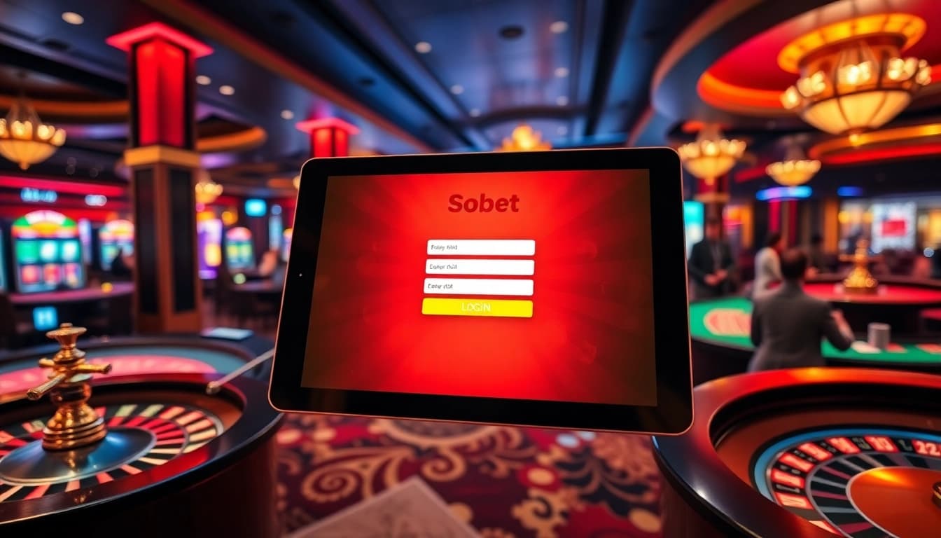 Engaging sbobet login interface in a luxurious casino setting with vibrant tables and chips.