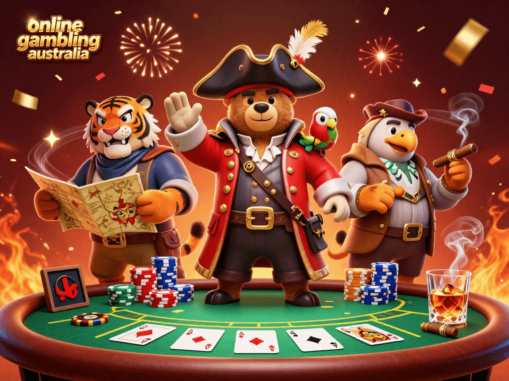 Engage in online gambling Australia with vibrant pokies, piled poker chips, and a dynamic pirate-themed 3D scene.