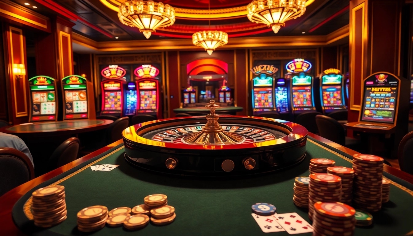 Engage with Bro138 by placing bets at a luxurious roulette table, surrounded by vibrant slot machines and elegant décor.