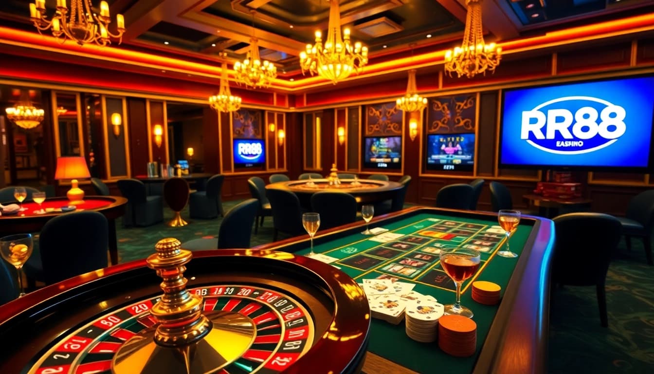 Players engaging with thrilling RR88 casino games at a vibrant table filled with excitement.